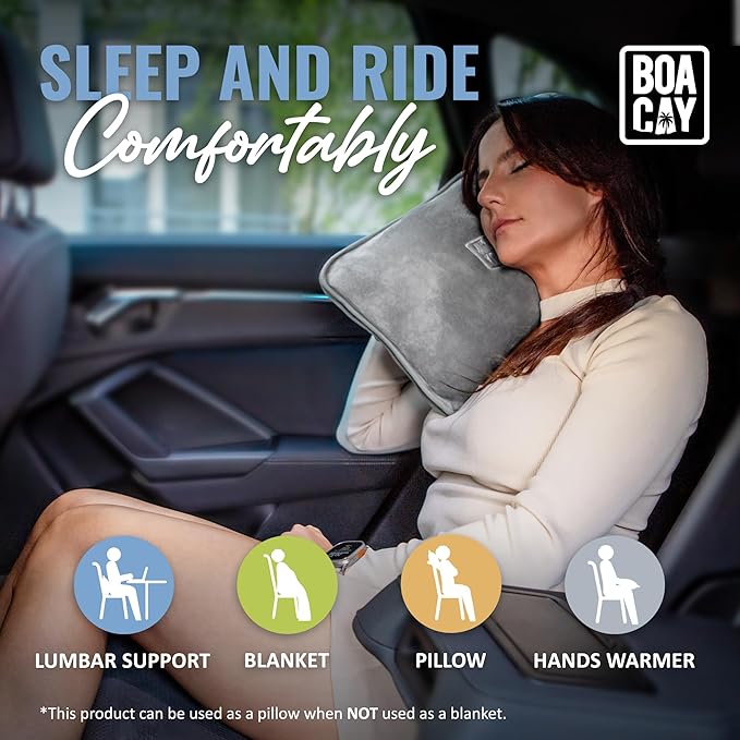 BOACAY Soft & Warm Travel Blanket for Airplane & Car - Long Flight Essential for Women, Men, Kids - Compact Pillow with Luggage Sleeve & Backpack Clip