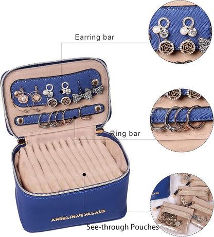 Angelina's Palace Jewelry Organizer Case Bridesmaid Gifts Travel Bag Vegan Leather Box for Necklace Earring Bracelet Ring(dark chambray)