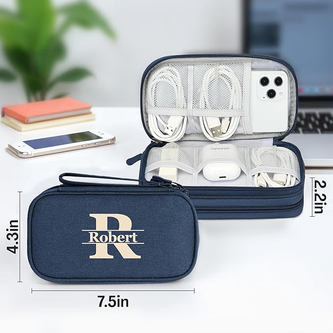 Personalized Electronics Organizer Travel Case Navy – Custom Name Compact Cable Storage Bag for Chargers, Cords, USB Flash Drives, Waterproof Tech Pouch for Travel, Business, Daily Organizer - Navy