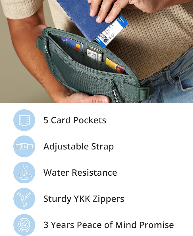 Vantamo Money Belt with RFID For Men & Women, Hidden Passport Holder for Travel, 2 Compartment Travel Fanny Pack for Women Anti Theft