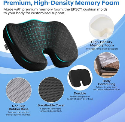 EPSCY Memory Foam Seat Cushion, Black, Ergonomic Comfort for Office Chair, Car, Airplane & Bleacher, U-Shaped Design for Enhanced Support & Comfort, Portable, Non-Slip, Washable Cover for Everyday Use