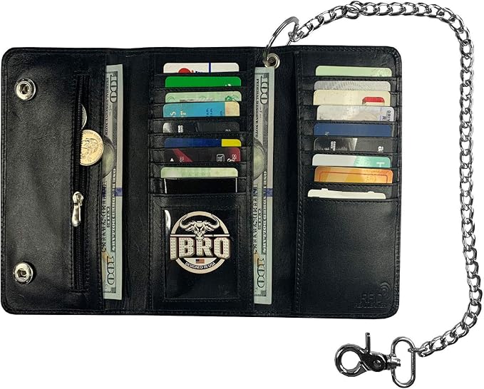 IBRO VINTAGE Motorcycle Chain Wallet for Men – Premium Cowhide Leather, RFID Tri-Fold Biker Wallet with Heavy Duty Chain for Bikers Truckers & Hunters, Credit Card Money Organizer Long Wallet