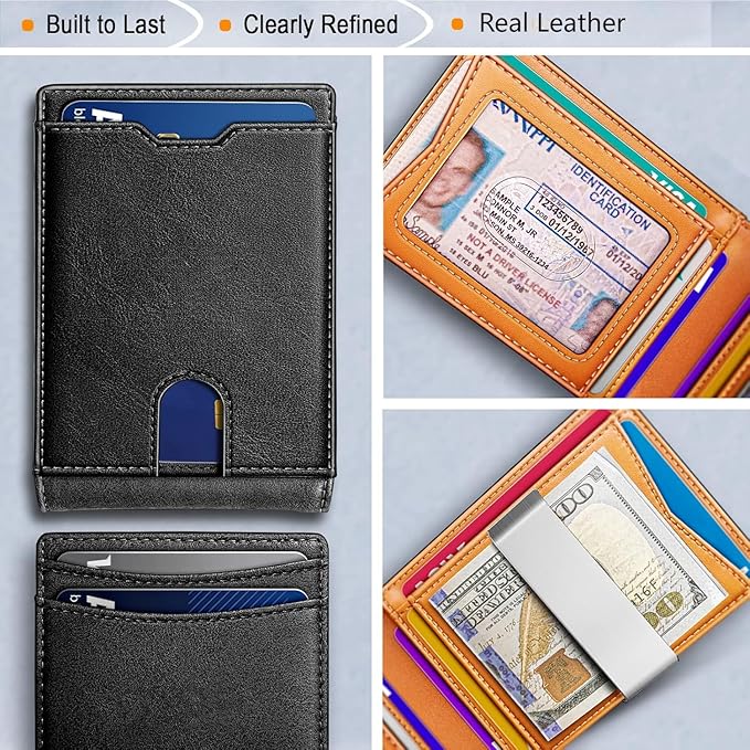 Genuine Leather Wallet for Men, Slim Bifold RFID Blocking with Zipper Coin Pocket, Minimalist Design for Travel and Daily Use (Carbon Fiber Black)