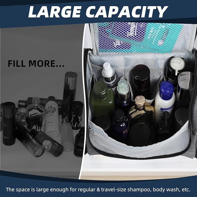 Buruis Large Toiletry Bag for Women and Men, Hanging Travel Bag for Makeup, Cosmetics, Shaving, Toiletries, Water-Resistant Dopp Kit for Gym, Camping, or Daily Use, Oxford Gray
