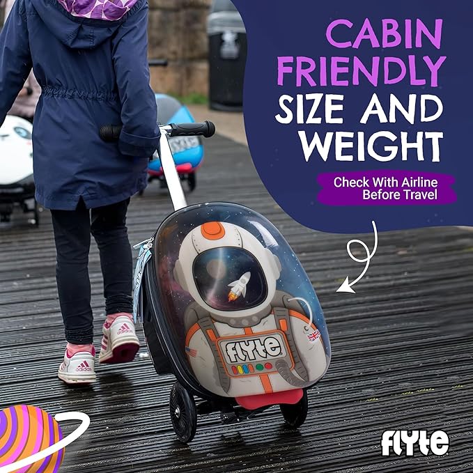 Flyte Sammie the Spaceman Scooter Suitcase - Rideable, Carry on Compliant 2-in-1 Children's Suitcases, 18 inch Ride on Suitcase for Kids, 25 Litre Capacity Kids' Luggage on Wheels for Children Aged 4+