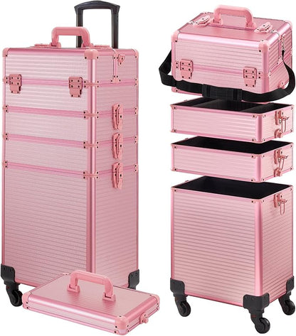 Rolling Makeup Case, Makeup Train Case with Lid, 5 in 1 Cosmetology Case on Wheels, Christmas Gift, Large Makeup Case Organizers, Profesional Cosmetic Case for Salon Barber, Pink