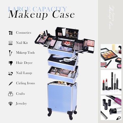 5 in 1 Professional Makeup Train Case Aluminum Cosmetic Case Rolling Makeup Case ExtraLarge Storage Organizer with Key Swivel Wheels Salon Barber Case for Make Up Nail Hairstylists, Blue
