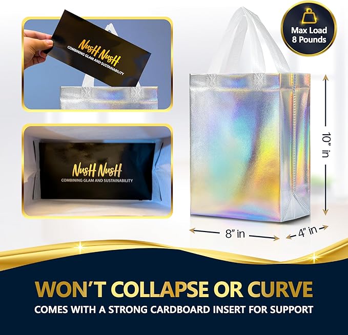 Nush Nush Set of 30 Iridescent Gift Bags Bulk – Medium Size, Holographic Silver Bulk Gift Bags With Handles - Ideal Reusable Goodie Bag for Birthday, Bachelorette Party Favors, Return Gifts – 8x4x10