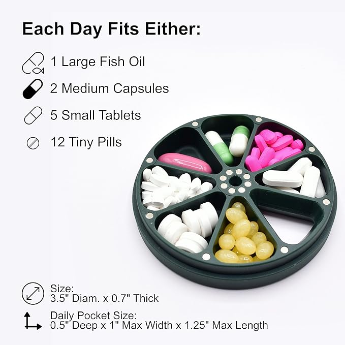 Travel RX Pill Case by Type Two Labs – Weekly 7 Day Pill Box, Compact Magnetic Organizer for Pills fits Purses or Pockets, Rugged Daily Caddy Holds Vitamins, Supplements, Medication. (PNW Green)