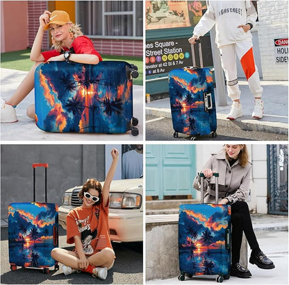 ANNA QUEEN Tropical Sunset Luggage Cover, Vibrant Beach & Palm Tree Design, Stretchable Washable Suitcase Protector for 28–30 Inch Travel Luggage