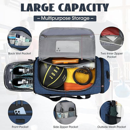 IGOLUMON Gym Bag for Men 40L Sports Duffel Bags Gym Duffle Bag Women with Shoe Compartment & Wet Pocket Water Resistant Travel Duffel Bag Lightweight Weekender Overnight Bag Blue