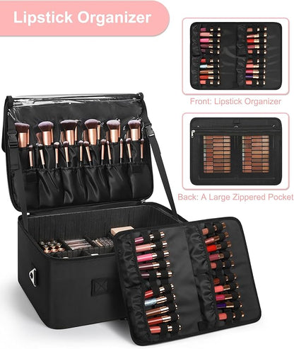 Relavel Extra Large Makeup Case Professional Cosmetic Storage Organizer Box Brush Holder with 8 Clear Set Bags & Lipstick Plate for Makeup Artists with Shoulder Strap & Adjustable Dividers