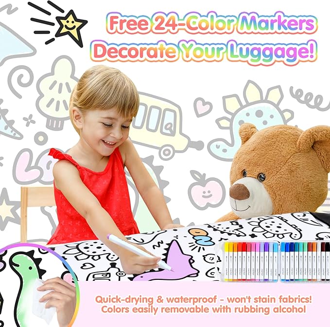 smilesun 2PCS Kids Luggage Set with DIY Coloring, 14" & 20" Lightweight Travel Carry On Suitcase with Spinner Wheels, TSA Lock