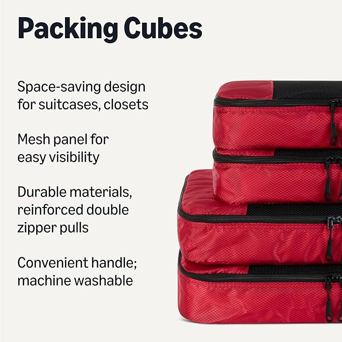 Amazon Essentials 4-Piece Packing Cubes Travel Accessories Set, Luggage Organizer with Double Zipper, Mesh Top, 100% Polyester, 2 Medium/2 Large, Red (Previously Amazon Basics)