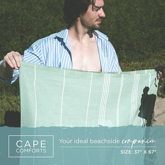 Large Turkish Beach Towel, Classic Sage - Super Soft & Lightweight Quick Dry Absorbent Towels for Beach, Picnic Blanket or Bath Towel - Sand Free Organic Turkish Cotton Yarn