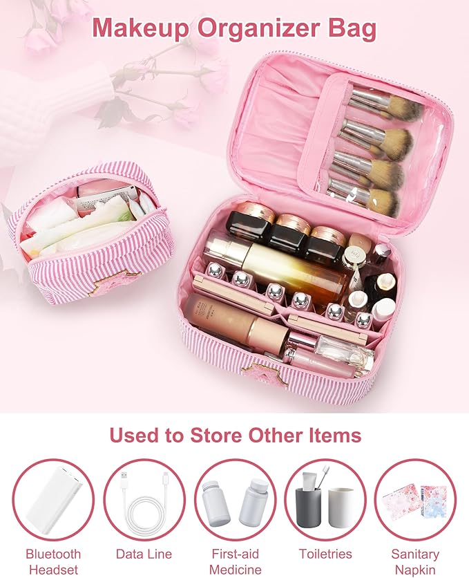 MONSTINA Personalized Initial Makeup Bag with Brush Holder and Divider for Women,Make Up Case for Girlfriend Bridesmaid Wife,Birthday Gift for Her Cute Toiletry Bag,2PCS,Pink Z