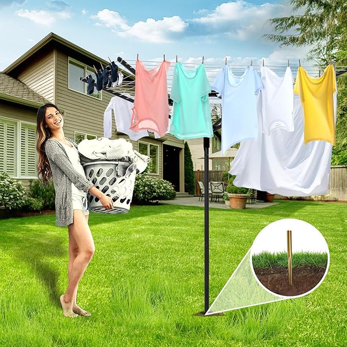 Umbrella Clothesline Outdoor, Rotary Retractable Clothes Line Outdoors Adjustable Height Drying Rack Clothing 4 Arms 12 Lines with 165 Feet Heavy Duty Outdoor Clothesline for Backyard