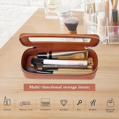 Pinkmik Makeup Brush Case Clear Travel Cosmetic & Toiletry Bag Small Makeup Bag with Zipper Purse Organizer Car Essential Bag for Women (X/Brown, SLIM)