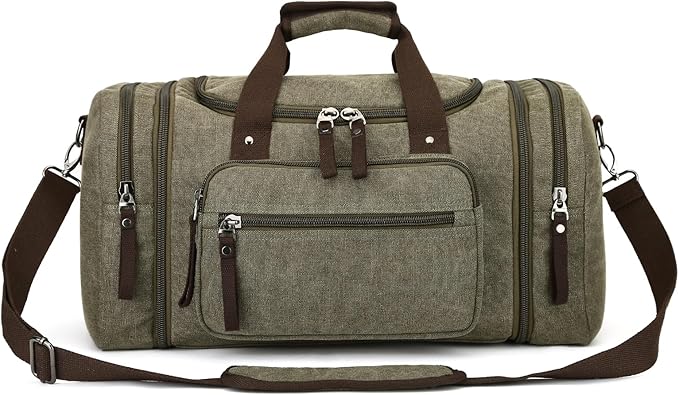 Travel bag large capacity men's luggage bag, expandable canvas leather 55 liters large capacity weekend hiking waterproof(green)