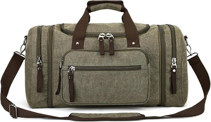 Travel bag large capacity men's luggage bag, expandable canvas leather 55 liters large capacity weekend hiking waterproof(green)
