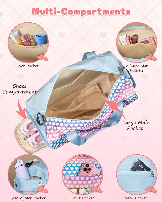 Gift for Teenager, Girls Travel Duffel Bag, Kids Initial Overnight Bags with Shoe Compartment, Initial Duffle Bag with Makeup Pouch, 10 Year Old Girl Birthday Gifts (Letter J)