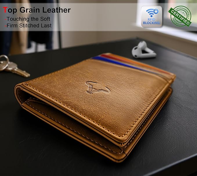 BULLIANT Men Wallet,Top Grain Leather Slim Wallet Magnetic Closure Simplifed Bill Folder RFID Blocking 11Cards