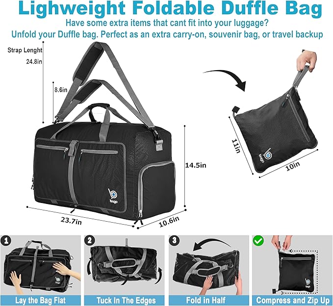 Bago Foldable Duffel Bags for Traveling Women & Men - 60L Medium Packable Duffle Bag for Travel with Shoe Compartment - Water Repellant, Heavy Duty, Lightweight Folding & Collapsible (Black)