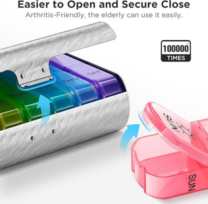 Zannaki Metal XL Weekly Pill Organizer 2 Times a Day, Large Travel Daily Pill Box 7 Day, Portable Week Twice Pill Holder Container, AM PM Pill Case for Medicine Vitamin Medication Supplement, Silver