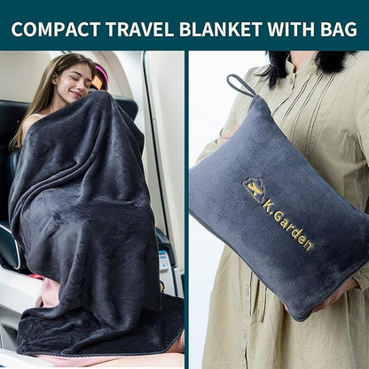 K.Garden Travel Cooling Blanket and Pillow- Soft 2 in 1 Airplane Compact Flight Essentials Car Pillow Travelers Gifts Accessories Compact Pack Blanket for Any Travel with Luggage Backpack Strap Grey