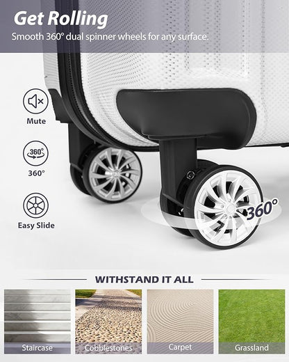 Coolife Luggage Expandable(only 28") Suitcase PC+ABS Spinner 20in 24in 28in Carry on (white grid new, S(20in)_carry on)