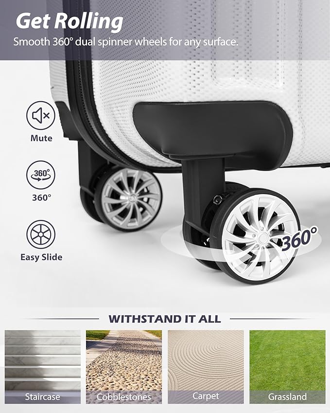 Coolife Luggage Expandable(only 28") Suitcase PC+ABS Spinner 20in 24in 28in Carry on (white grid new, L(28in))