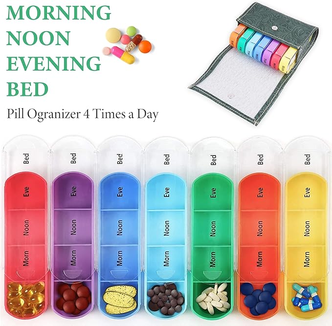 Pill Organizer,LIZIMANDU Weekly Travel Pill Case Box Medication Reminder Daily AM PM, Day Night 7 Compartments,for 4 Times A Day, 7 Days a Week-Includes Leather PU Carrying Case(1-Carved Green3)