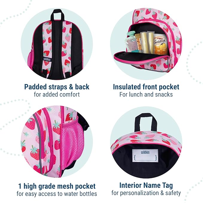 Wildkin 12-inch Kids Backpack – Padded, Adjustable, Ideal for Daycare & Travel - Strawberry Patch