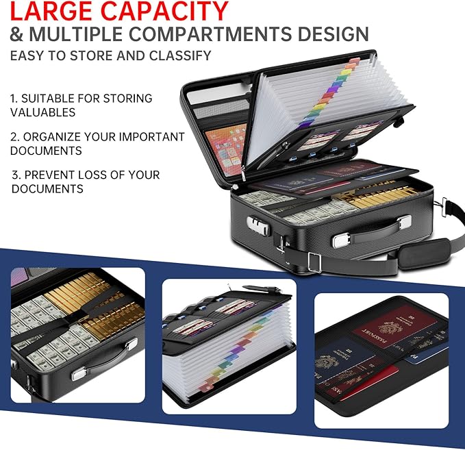 Tamfile Fireproof Document Box, Hard-Shell Case 5200°F Fireproof Water Safe File Box with Lock, 8-Layer Fireproof Safe File Organizer for Important Documents, Valuables, Laptop, Passports (Black)