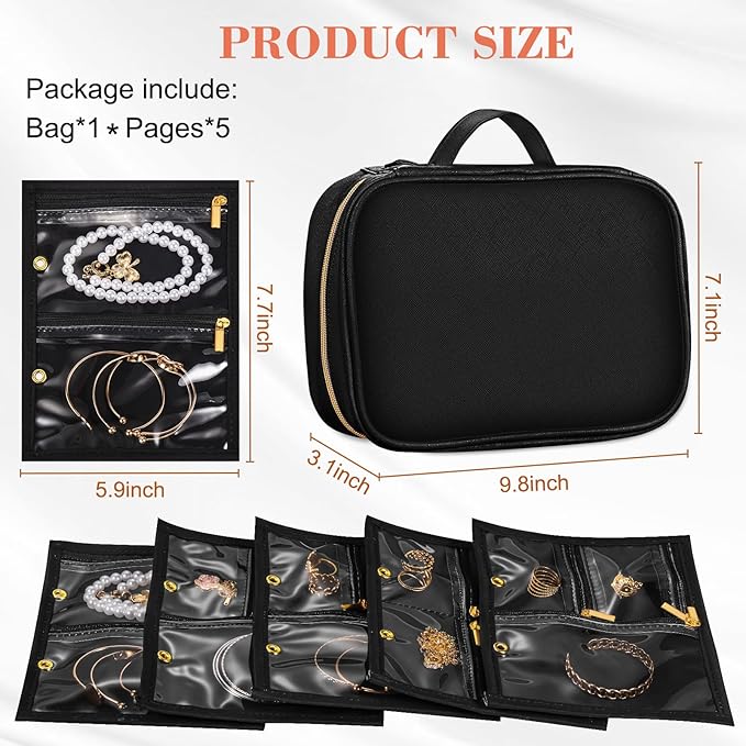Travel Jewelry Organizer - Imitation Leather Travel Jewelry Case with Adjustable Pages, Jewelry Bag for Earrings,Rings,Necklaces,Bracelets-Perfect,Waterproof, Ideal for Trips & Gifts (Black)