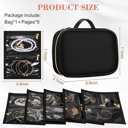 Travel Jewelry Organizer - Imitation Leather Travel Jewelry Case with Adjustable Pages, Jewelry Bag for Earrings,Rings,Necklaces,Bracelets-Perfect,Waterproof, Ideal for Trips & Gifts (Black)