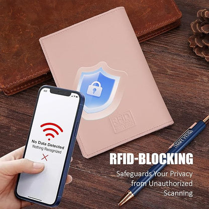 STAR VISTA Albatross Leather Travel Passport Holder, Minimalist Design, Calfskin Leather Case for Women and Men - Slim Passport Wallet, Bifold, RFID Blocking, Pale Pink