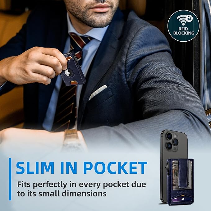 Airtag Wallet for Men,with Money Clip Gift Boxed,Slim Front Pocket Wallet RFID Blocking Metal Case Smart Pop-up Credit Card Holder in Magnetic Leather Flip