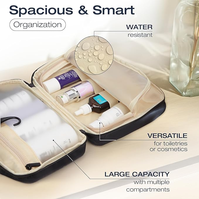 KAZAY Hanging Toiletry Bag with TSA Approved Detachable Pouch, Travel Toiletry Bag, Water Resistant, Premium Nylon, Travel Size Toiletries Cosmetic Bag, Makeup Bag, Unisex (Black)