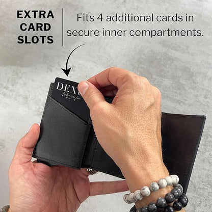 Mens Wallet, Premium Leather Slim Wallet, RFID Blocking Pop-Up Card Holder, Extra Credit Card Slots, Cash Slot, Magnetic Closure, Christmas Gift Ready Gift Box Included