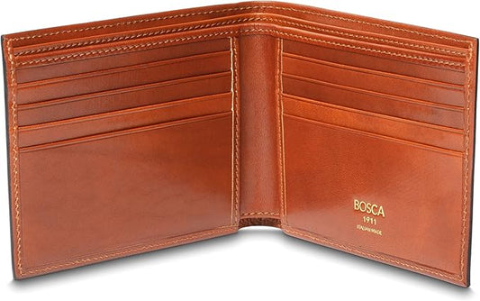 Bosca Men's Old Italian Leather Wallet RFID Blocking Modern Bifold Executive Design 8 Card Slots, Made in Italy - Amber Brown