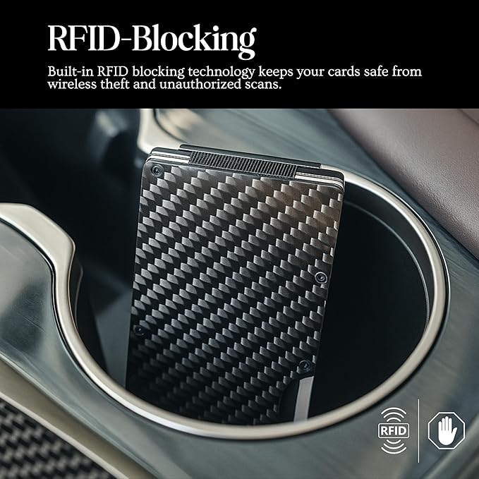 Carbon Fiber Wallet for Men Slim RFID Blocking Minimalist Card Holder with Money Clip, Scratch-Resistant Ultra-Light Metal Wallet, Compact Design, Gift Box Included