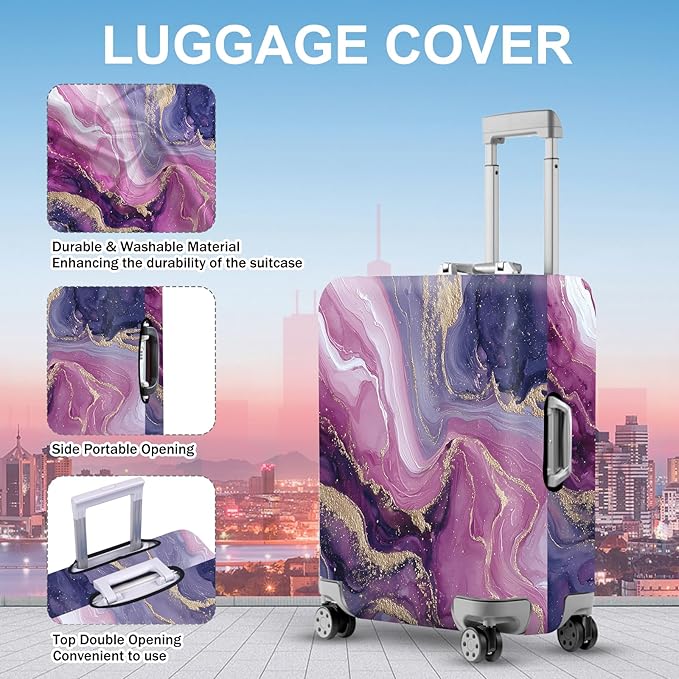 ANNA QUEEN Purple Marble Luggage Cover, Elegant Abstract Art Suitcase Protector, Stretchable Washable Travel Sleeve for 28-30 Inch Luggage