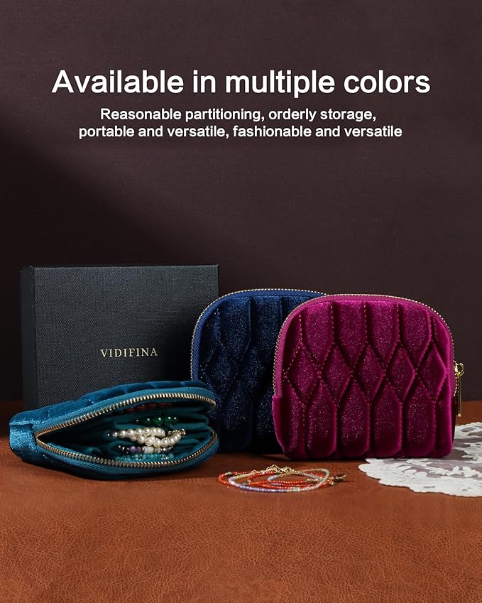 Small Travel Jewelry Case, Mini Travel Jewelry Bag with Zipper, 5-Layer Velvet Organizer Pouch for Bracelet Rings Earrings - Diamond Stitched Velvet Moss Green