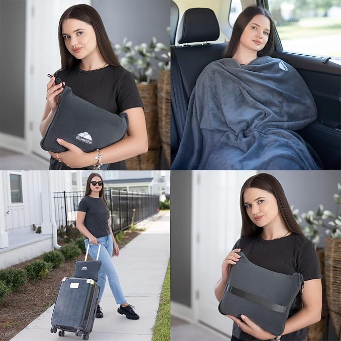 BlueHills Premium Soft Travel Blanket Pillow Airplane Flight Blanket Throw Bag Pillowcase Compact Large 2 in 1 Combo Warm Traveling Plane Essentials Portable Gifts Lightweight Grey Gray T007