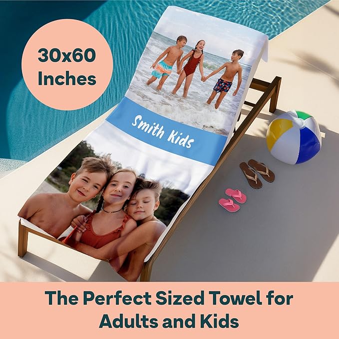 Winslow & Brody Ships Next Day - Personalized Beach Towel for Kids & Adults - Printed in USA - Custom Towels with Picture and Text - Quick Dry Pool Towels - Cotton/Poly Blend - 30" x 60" - 2 Photos