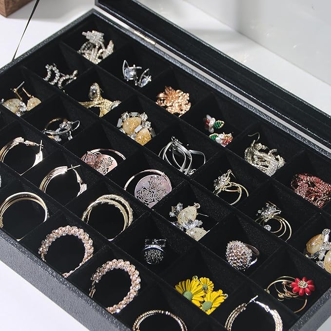Coward Ring Earring Jewelry Organizer Box, 35 Grids Dustproof Display Holder Case, Black Velvet Jewelry Bead Display Tray Case with Transparent Glass Lid for Momen Girls