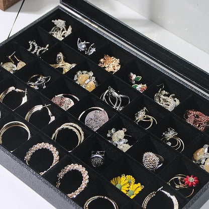 Coward Ring Earring Jewelry Organizer Box, 35 Grids Dustproof Display Holder Case, Black Velvet Jewelry Bead Display Tray Case with Transparent Glass Lid for Momen Girls