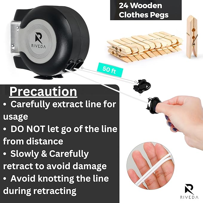 RIVEDA Dual Retractable Clothesline 43 ft Each Line with 24 Clothes Pins - Heavy Duty Clothes Line Indoor & Outdoor Laundry Line -Double Clothing line - Easy Installation (Black)
