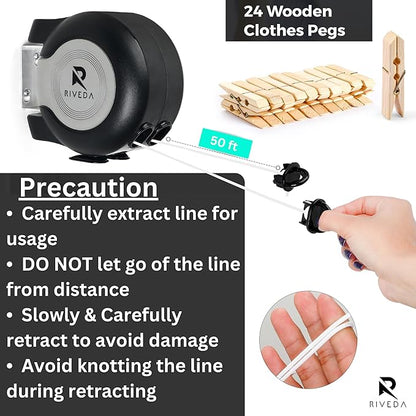 RIVEDA Dual Retractable Clothesline 43 ft Each Line with 24 Clothes Pins - Heavy Duty Clothes Line Indoor & Outdoor Laundry Line -Double Clothing line - Easy Installation (Black)